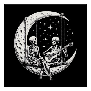 Skelett-Paar-Mond-Gitarre Poster