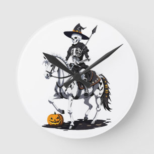 Skelett-Pferdereiter - Halloween-Skelett Runde Wanduhr