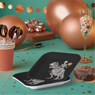 Skelett-Reit-Mumie-Dinosaurier-T-Rex-Halloween Pappteller