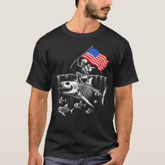 Skelett-Reitender-Hai Amerikanische Flagge Patriot T-Shirt