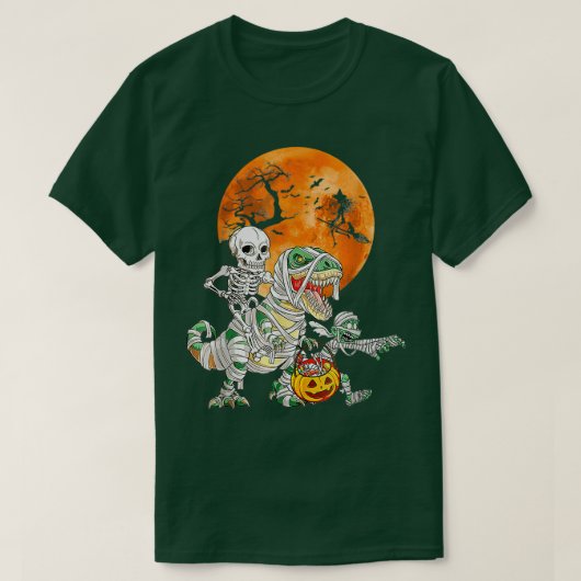 Skelett Riding Mummy Dinosaur Funny Halloween Pum T-Shirt (Design vorne)