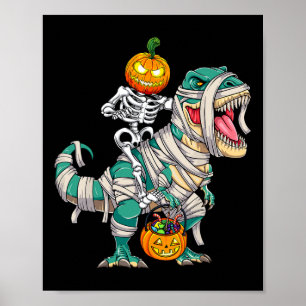 Skelett Riding Mummy Dinosaur T rex Halloween Pum Poster