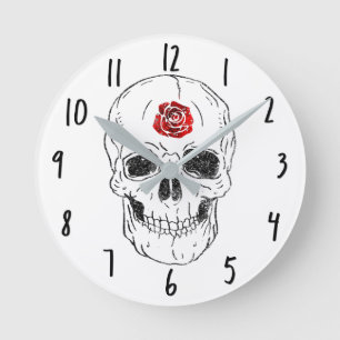 Skelett-Schädel-Knochen Schwarz & Rote Rose Glitte Runde Wanduhr