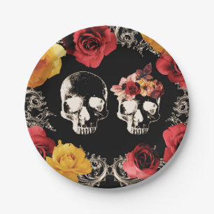 Skelett-Schädel Rot Gelb Herbst Floral Hochzeit Pappteller