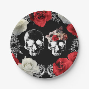 Skelett-Schädel Rote Weiße Rosen Gothic-Hochzeit Pappteller
