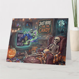 Skelett schaut TV mit Hexenshow Halloween Karte