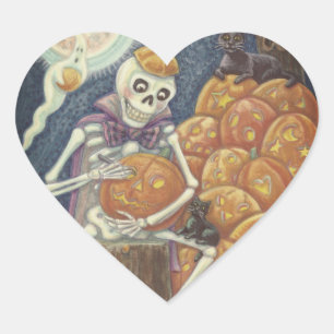 SKELETT, SCHWARZE KATZEN SCHNEIDEN JACKS, AUFKLEBE Herz-Aufkleber