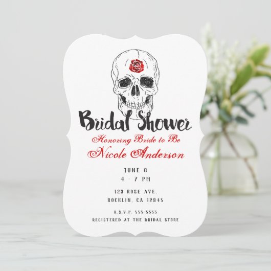 Skelett Skull Bones Schwarze Rote Rose Brautparty Einladung (Stehend Vorderseite)