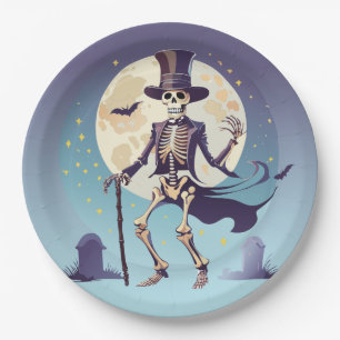 Skelett tanzt unter dem Mond Halloween Pappteller