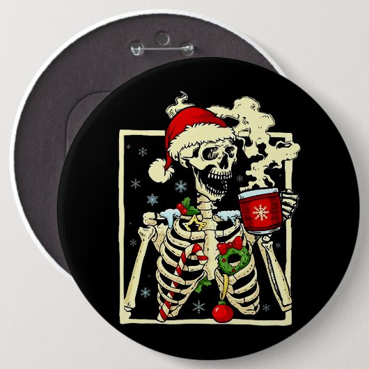 Skelett trinken Kaffee im Inneren, aber Weihnachte Button (Vorne & Hinten)