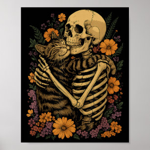 Skelett umarmende Katze Floral Halloween Katzenlie Poster