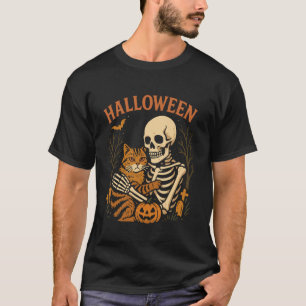 Skelett umarmende Katze Gothic Halloween Katzenlie T-Shirt