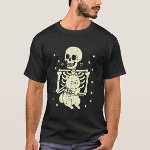 Skelett umarmende Katze lustiges Halloween Grusel T-Shirt