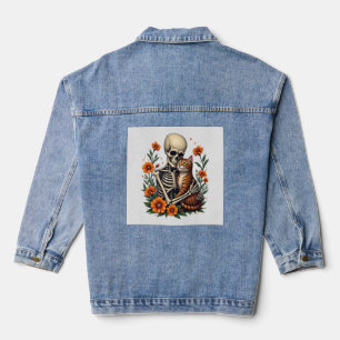 Skelett umarmende Katzen-Blumen-Halloween-Katzenli Jeansjacke