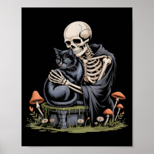 Skelett umarmt Katze in schwarzem gotischen Hallow Poster