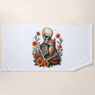 Skelett umarmt KatzenfloralHalloween Katzen Lover Strandtuch