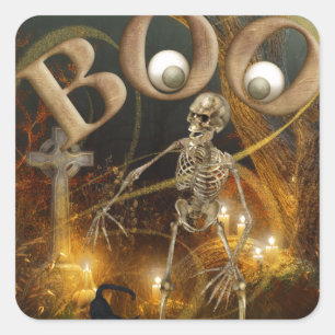 Skelett und Grave Halloween Quadratischer Aufkleber