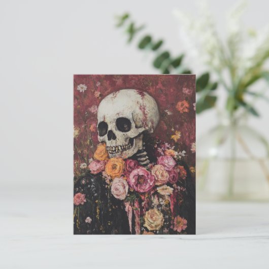 Skelett und rosa Blume Postkarte (Stehend Vorderseite)