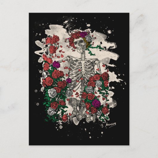 Skelett und Rose - gebleichte Version Postkarte (Vorderseite)