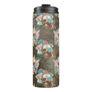 Skelett und Schädel mit Rose Thermosbecher
