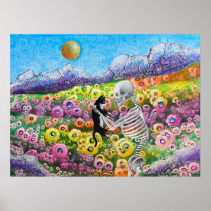 Skelett und Tuxedo Katze in Blume Liebe Poster
