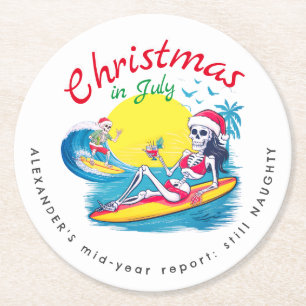 Skelett Weihnachten im Juli Beach Surf Naughty Runder Pappuntersetzer