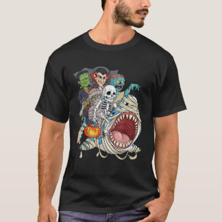 Skelett Zombie Reitende Mumie Hai Vampir Halloween T-Shirt