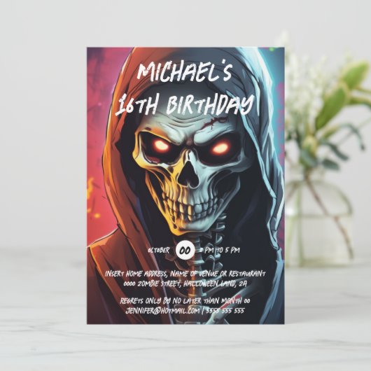 Skelettassin-halloween Geburtstagsparty Einladung (Stehend Vorderseite)