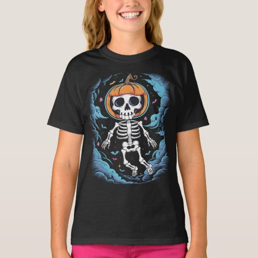 Skelettastronaut trägt einen Kürbis T-Shirt (Vorderseite)