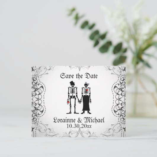 Skelettbride & Groom Save the Date Postkarten (Stehend Vorderseite)