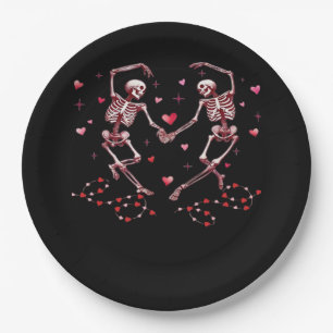 Skelette, die die Hände von Herz-Valentinstag-Desi Pappteller
