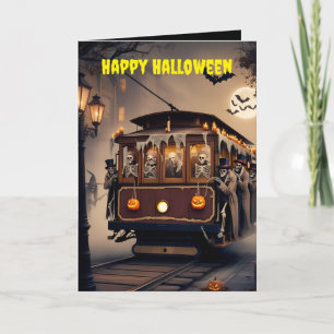Skelette fahren mit der Seilbahn vintage frohes Ha Karte