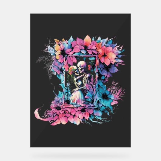 Skelette in Liebe. Ein Strauß Blume. Acrylschild (Vorderseite)