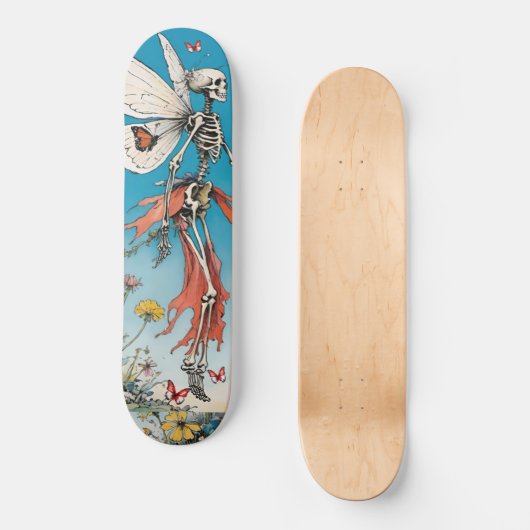 Skelettfairy mit Rotem Rotem Rock und Schmetterlin Skateboard (Vorderseite)