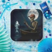 Skelettfischen in einem Holzrowboat Pappteller (Party)