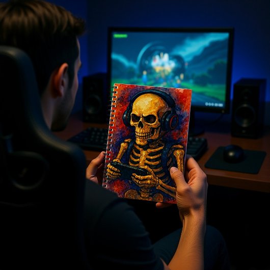 SkelettGamer mit Headset Notizblock