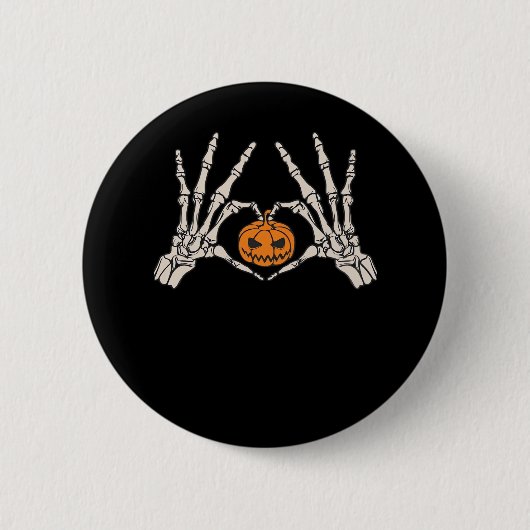 Skeletthand Herz und Kürbiskugel Funny Skull Hallo Button (Vorderseite)