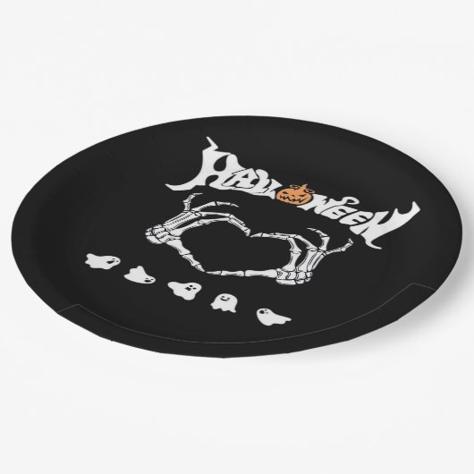Skeletthandschuh mit Halloween-Design Pappteller (Schrägansicht)