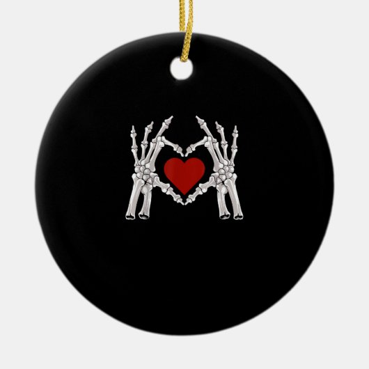 Skeletthandschuhe formen ein Herz mit rotem Herzen Keramik Ornament (Vorne)