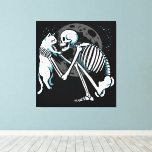Skelettin Cat Friend Moon Night Art Leinwanddruck
