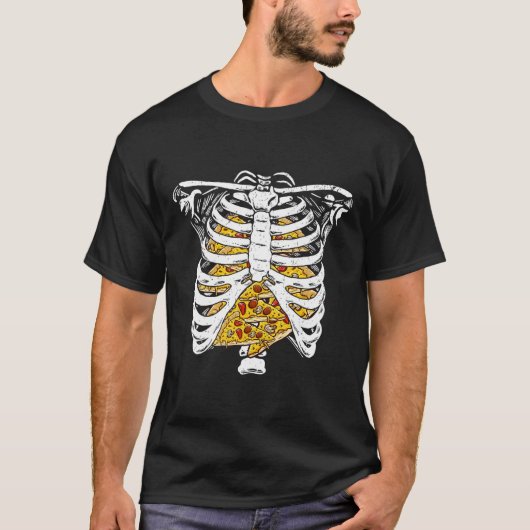 Skelettkäfig mit Pizzas glücklicher Halloween-Tag T-Shirt (Vorderseite)