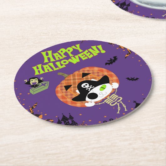 Skelettkatze Runder Pappuntersetzer (Angewinkelt)