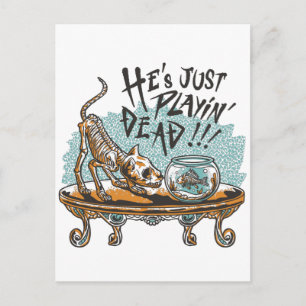 Skelettkatze und Fische spielen tot Postkarte