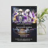 Skelettpaare lila gelbe Hochzeit Einladung (Stehend Vorderseite)