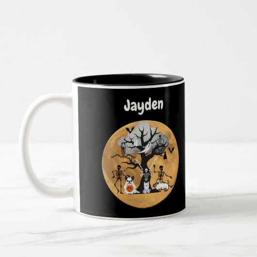 Skelettwandern mit ihren Hunden in Kostümen Zweifarbige Tasse (Links)