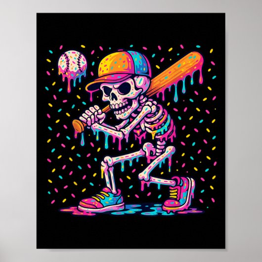 Skelton Playing Baseball Halloween Baseball Drip B Poster (Vorne)