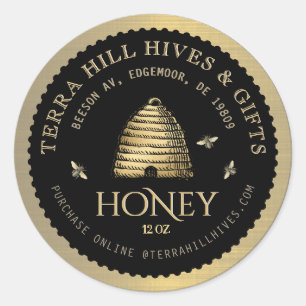 Skep mit Bienen auf dem Black and Gold Honey Label Runder Aufkleber
