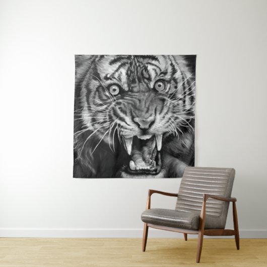 Sketch of a wild tiger in black and whiteblack,whi wandteppich (Beispiel)