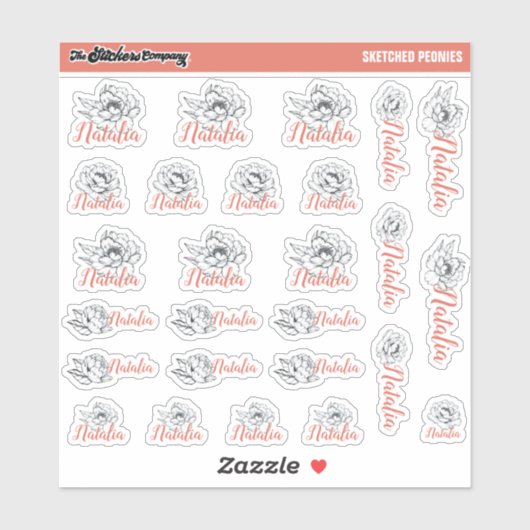 Sketch-Peonies-Individuelle Name-Labels | Schule Aufkleber (Blatt)