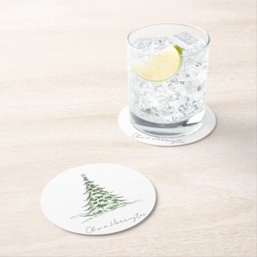 Sketch Pine Christmas Tree Minimaler Skriptname Runder Pappuntersetzer (Vor Ort)
